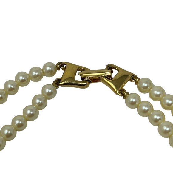 Handmade Statement Necklace Faux Pearl Blue Pendant Gold Tone Accents - Picture 3 of 10